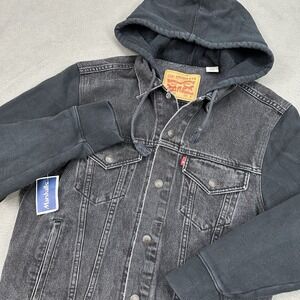 Levis Hybrid Hooded Trucker Jacket Mens Small‎ Black Denim Vintage Fit Grunge